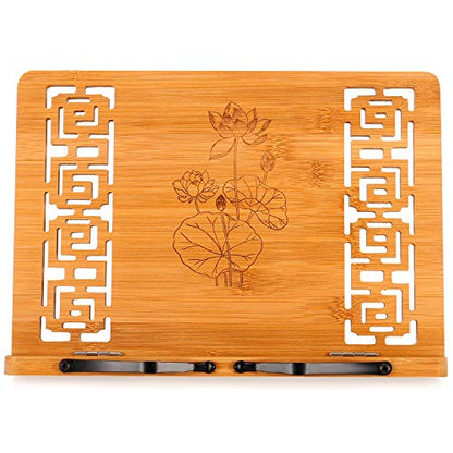 MEGREZ Book Stand for Reading (13.2 x 9.4 inch) Bamboo Cookbook Stand Holder for Kitchen, Adjustable Book Holder Stand for Tablet/Textbook Holder/Hollow Bookrest Stand, Lotus Flower & Lotus Leaf - color: Lotus Flower & Lotus Leaf