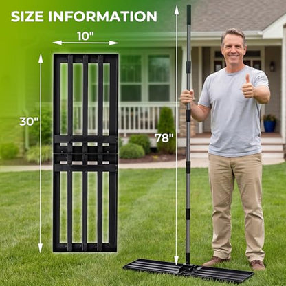 Walensee Foldable Split Lawn Leveling Rake, 30"x10" Heavy Duty Lawn Leveler Tool with 6.5FT Steel Handle, Levelawn Landscape Rake for Topdressing, Soil, Sand, Dirt, Backyard, Garden - size: 6.5FT 30"x10"