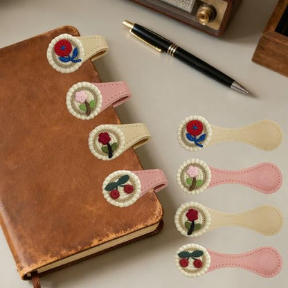 4Pcs Magnetic Leather Bookmark Set, Embroidery Magnetic Bookmarks Clips for Book Lovers Reading, Book Accessories(Flowers)