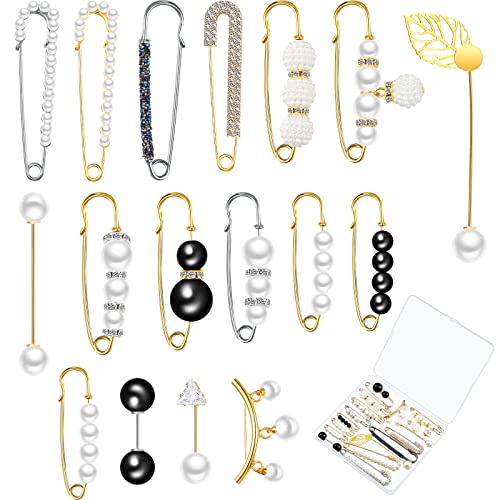 17 Pieces Pearl Brooch Pins Sweater Shawl Clips Faux Pearl Rhinestones Collar Safety Pin for Women Clothing Dresses Decoration Accessories with Storage Box - color: Delicate Style