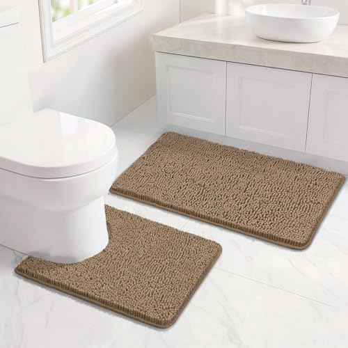 Bcoimo U Shaped Bath Rug Mat Set,2 Piece Chenille Latte Toilet Bathroom Rug - color: Latte, size: U24×20 Plus 30×20