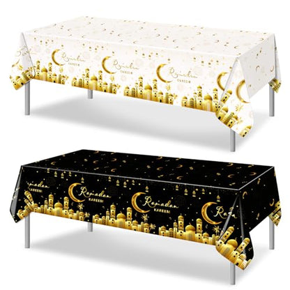 PHOGARY Ramadan Decorations 2 Pcs Ramadan Kareem Tablecloth, Ramadan Tablecloths Disposable Rectangle Plastic Eid Mubarak Table Covers for Eid Al-fitr Party Eid Decorations 54" X108", Black and White