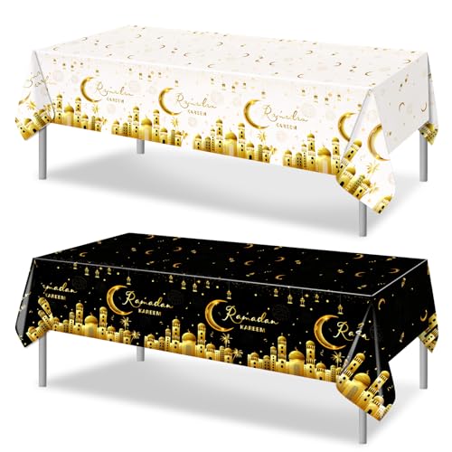 PHOGARY Ramadan Decorations 2 Pcs Ramadan Kareem Tablecloth, Ramadan Tablecloths Disposable Rectangle Plastic Eid Mubarak Table Covers for Eid Al-fitr Party Eid Decorations 54" X108", Black and White
