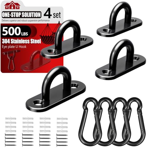 sprookber 304 Stainless Steel Pad Eye Snap Hooks, M5 Heavy Duty Ceiling Hooks, 500 lb Capacity Hammock Swing Hanging kit, Plant Hangers, Marine Hardware Staple Hook Loop with Screws, Set of 8(Black) - size: 2 Inch, style: Black Oval