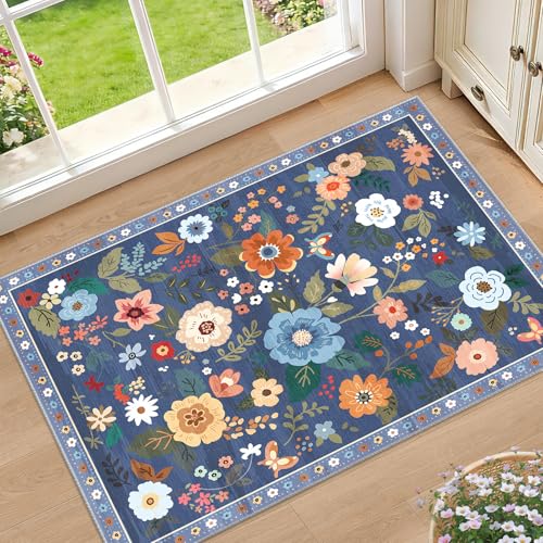 RELEANY Floral Washable 2x3 Area Rugs Doormat Blue/Grey - color: Blue/Grey, size: 2' x 3' (Rectangular)