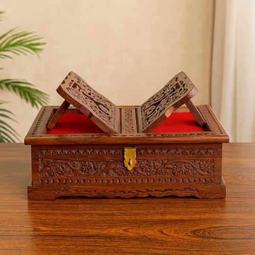 Goofy Turtle Wooden Book Stand with Storage Box, Hand Carved Rehal for Quran Geeta Guru Granth Sahib, Brown Book Holder with Brass Latch