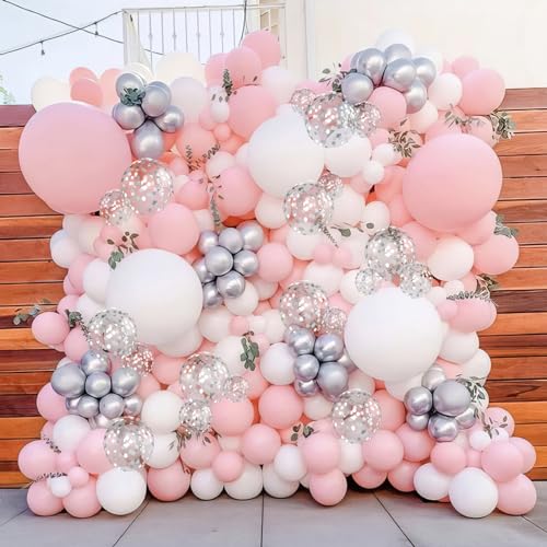 Pink and Silver Balloons, Pastel Pink White Balloon Metallic Silver White Macaron Balloon Party Confetti Balloons for Girls Kids Birthday Bride Wedding Baby Shower Graduation - color: Pink and Silver