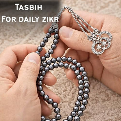 Amazing Gemstone Hematite Tasbeeh with Moon and Star Charm - Certified Crystal Muslim Prayer Beads Natural Gemstone Tasbih Gift for Ramadan Dhikr and Daily Namaz (S) - color: Hematite