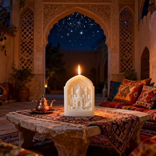 Mosque Architecture Shaped Scented Candle,White Carved Islamic Religious Theme Candle,Smokeless Vanilla for Ramadan Spiritual Décor & Gift Giving (White-Palace) - color: White-Palace