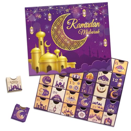 Ramadan Advent Calendar with Drawers, 30 Empty Boxes for 30 days, Eid Mubarak Coutdown Calendar Fillable Ramadan Gift, Islamic Art, Cardboard Number Storage Box, Ramadan Party Supplies - Purple