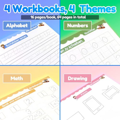 4 Magic Tracing Practice Books – Grooved Handwriting German Copybooks for Kids, Reusable Writing Practice Workbooks Without Tears, Disappearing Ink for Toddlers Preschool Learn (German) - color: German