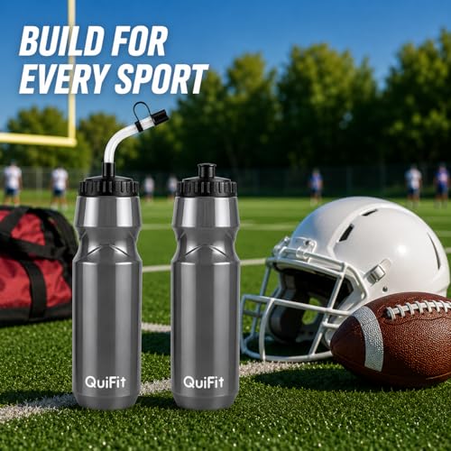 QuiFit Lacrosse Water Bottle with Long Straw -32oz Hockey Water Bottle 2 Pack with 2 Lids Each- BPA Free Squeeze Sports Water Bottles, Leakproof Dishwasher Safe- for Helmet,Lacrosse (Gray) - color: Gray