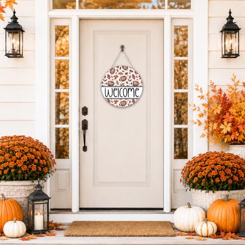Smile Fall Football Welcome Wooden Round Door Hanger, Autumn Leaves Front Door Sign for Thanksgiving Game Day Decorations - style: Welcome Football