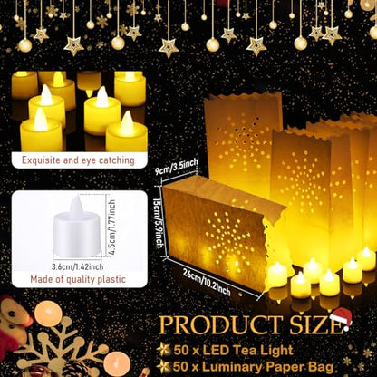 Sabary 50 Sets Luminary Bags with Flameless Tea Lights Outdoor Luminaries LED Lantern Candle Bags for Wedding Birthday Ramadan Christmas Party Decorations Romantic Decor(Sun) - style: Sun