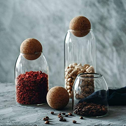 500ML/16Oz Clear Glass Storage Cute Canister Holder Ball Wood Cork Top, Modern Decorative Cylinder Container Jar with Round Lid for Coffee, Spice, Candy, Salt, Cookie Cool Terrarium Bottle - size: 500 mL