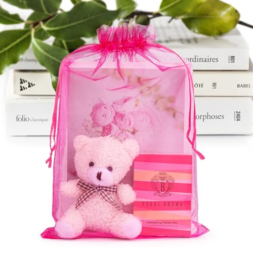 ANZNKU 100 Pcs Large Organza Bags 8x12, Small Mesh Gift Bag Drawstring Bulk - color: Hot Pink