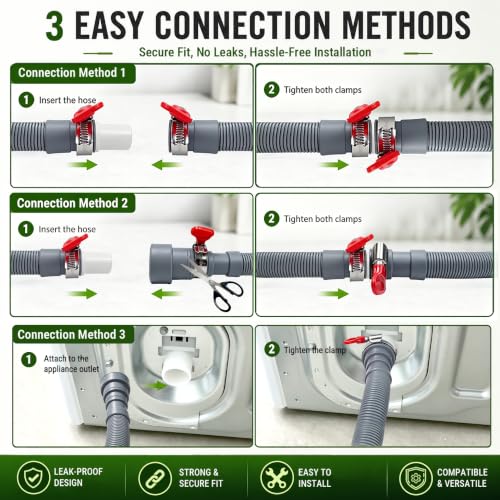 TTFLEX 6 FT Washing Machine Drain Hose, Washer Drain Hose Extension Kit | Trimmable End：0.8", 0.9", 1.2", 1.5" ID, with Hose Holder, for Washing Machine Outlet Box, Kink-Resistant, All-In-One Kit - color: End 1: 0.8",0.9",1.2",1.5"ID;End 2: 0.8"ID, size: