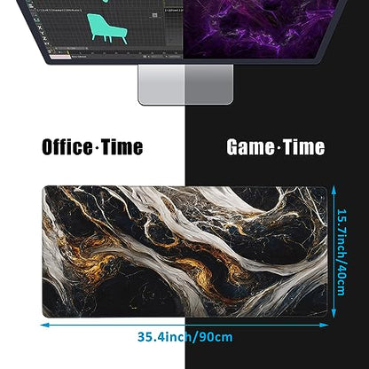 Golden Black Marble Large Gaming Mouse Pad,Waterproof Desk Mat for Desktop,Non-Slip Rubber Base Mousepad with Stitched Edges for Laptop Office and Home 35.4X15.7 Inch - color: Golden Black Marble