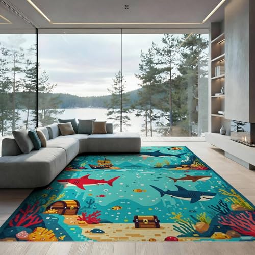 6'x9' Washable Modern Fish Area Rug, Teal Non-Shedding Pet Friendly Room Rug Foldable Easy Care Carpet for Queen Size Bedroom, Under Bed, Master Suite | Ref:2070039 - color: Blue/Pattern 16, size: 6' x 9' (Rectangular)