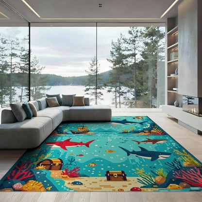 6'x9' Washable Modern Fish Area Rug, Teal Non-Shedding Pet Friendly Room Rug Foldable Easy Care Carpet for Queen Size Bedroom, Under Bed, Master Suite | Ref:2070039 - color: Blue/Pattern 16, size: 6' x 9' (Rectangular)