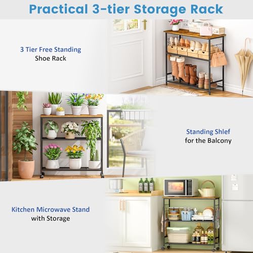 ThreeHio 20 Gallon Fish Tank Stand, 3 Tier Aquarium Stand with Adjustable Shelf, 33.11" L* 15.75" W Tabletop, Heavy Duty Terrarium Stand with Lockable Wheels, Rolling Storage Cart Shelf Rack Organizer for Kitchen, Living Room, Office, Balcony