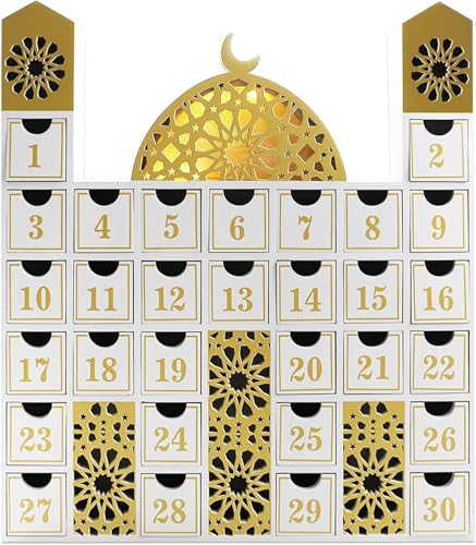 Ramadan Wooden Countdown Calendar Decorations Eid Mubarak Advent Calendar with LED Light 30 Storage Drawers Ramadan Wooden Craftwork Refillable Advent Ramadan Gift Box for Kids Ramadan Party Decor 02 - color: Eid Mubarak Advent Calendar 02