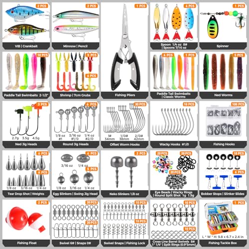 PLUSINNO Bass Fishing Lures Tackle Box Gear Kit with Tackle Included | Waterproof, Compact & Customizable, Bass Trout Fishing Gear Kit, Freshwater Topwater, 16 Rigs, Fishing Gifts for Men Starter - color: Orange 373 PCS Lures Box