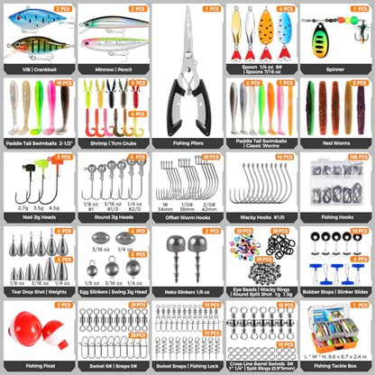 PLUSINNO Bass Fishing Lures Tackle Box Gear Kit with Tackle Included | Waterproof, Compact & Customizable, Bass Trout Fishing Gear Kit, Freshwater Topwater, 16 Rigs, Fishing Gifts for Men Starter - color: Orange 373 PCS Lures Box
