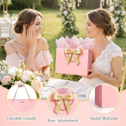 ANZNKU 2PCS Pink Gift Bags for Women, Cute Medium Gift Bags with Handles 4 Tissue Paper 2 Ribbons 2 Cards for Her Wedding Graduation Birthday Engagement Bridal & Baby Shower Party Favors Gifts Wrap - color: Elegant Pink