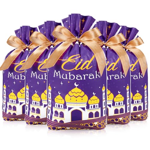 Blulu 50 Pcs Eid Mubarak Gifts Bags Plastic Ramadan Gift Bags Arabesque Moon Bulk Mosque Happy Eid Theme Goodie Pouches for Muslim Mubarak Party Candy Wrapping Supplies Decorations - color: Purple