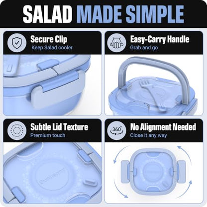 Salad Container with Ice Pack & Handle, 6.8 Cup / 1600ml Large Portable Salad Bowl Lunch Box with Lid, Fork Holder & Sauce Cup, 4-Compartment Removable Tray Meal Prep Bento Box, Blue - color: Blue