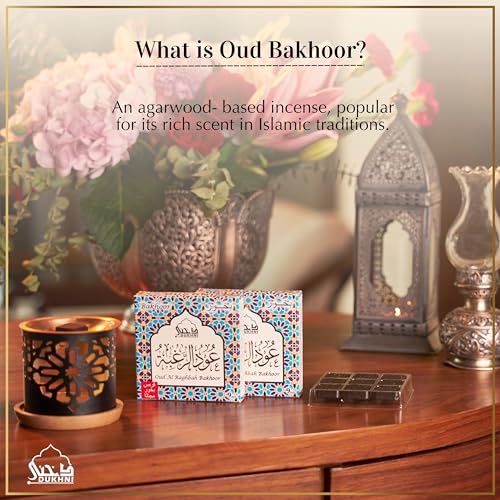 Oud Al Raghbah Bakhoor Set by Dukhni | 2 x 9 Piece Each & Oriental Bakhoor Burner | Arabic Incense | Zesty Woody Oud Blend| Perfect for Prayer Time | to Relax & Meditate