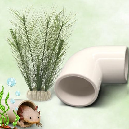 Axolotl Hide Tube and Silk Plants for Aquarium, Axolotl Cave and Aquatic Plant Set, Axolotls Hides and Green Plants, Aquarium Decor, Fish Tank Decorations, Turtle Tank Accessories (White, 11 * 3.5in)