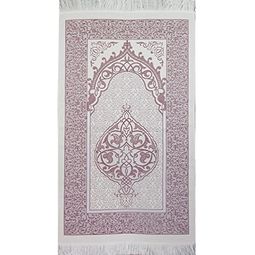 Modefa Muslim Woven Chenille Prayer Rug, Ottoman White/Blue + White/Pink | Thin Chenille and Taffeta Turkish Intricate Metallic Ottoman Salah Mat - color: White/Blue + White/Pink