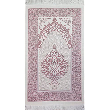 Modefa Muslim Woven Chenille Prayer Rug, Ottoman White/Blue + White/Pink | Thin Chenille and Taffeta Turkish Intricate Metallic Ottoman Salah Mat - color: White/Blue + White/Pink