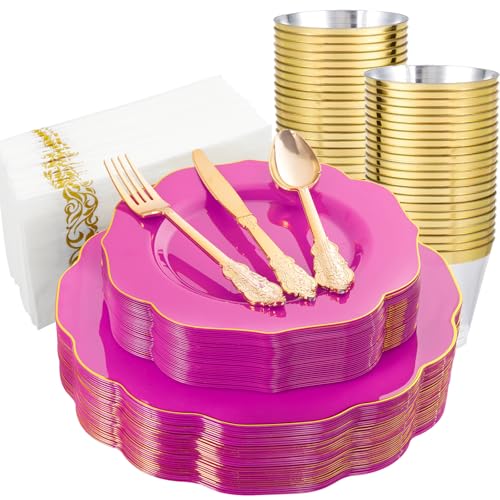 NOCCUR 175PCS Hot Pink Plastic Plates with Gold Disposable Silverware - Include 50 Hot Pink Plates,25 Knives,25 Forks,25 Spoons,25 Cups and 25 Napkins - Ideal for Party/Wedding/Banquet - color: Hot Pink, size: 175 Pieces (25 Guests)