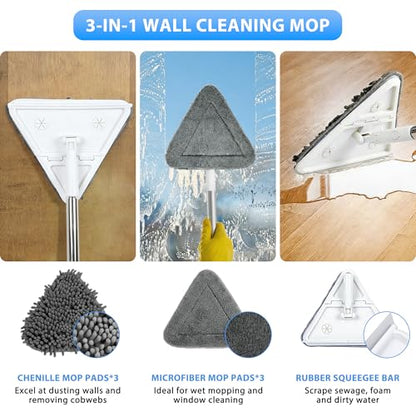 Wall Cleaner Mop with 80" Long Handle.3-in-1 Ceiling Cleaning Tool Duster with 180° Foldable & 360° Rotating Head. Includes 6 Washable Pads for Walls, Baseboards, Windows & Floors. No Ladder Needed.