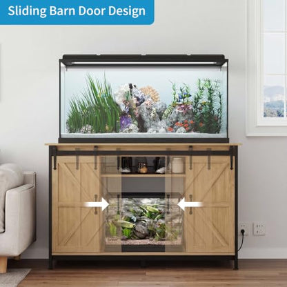 VOWNER Farmhouse 55-75 Gallon Fish Tank Stand with Power Outlet, Natural | Aquarium Stand with Storage Cabinet and Sliding Barn Door, Heavy Duty Reptile Tank Stand, for 2 Tanks, 1000LBS Capacity - color: Natural
