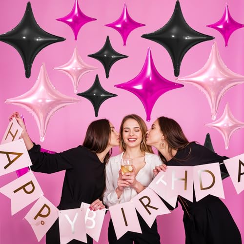 Hot Pink Black Star Balloons,12Pcs Four Angle Star Foil Balloons - color: Black Rose Red