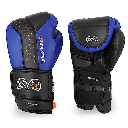 RIVAL Boxing RB10 Intelli-Shock Bag Gloves, Hook and Loop Closure - Ergonomic Fit, 1.25” of Closed Cell Foam for Intense Bag Use - color: Black/Blue, size: Medium