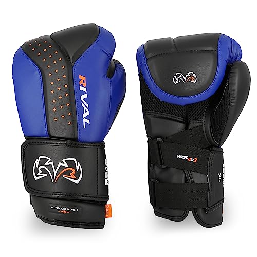 RIVAL Boxing RB10 Intelli-Shock Bag Gloves, Hook and Loop Closure - Ergonomic Fit, 1.25” of Closed Cell Foam for Intense Bag Use - color: Black/Blue, size: Medium