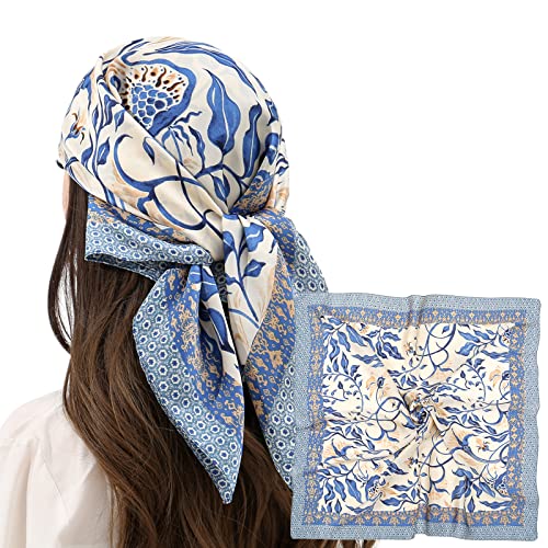 RIIQIICHY Women Head Hair Scarf Like Satin Silk Scarf Sleeping Hair Wrapping Night 27.5" - color: Light Blue/White/Beige