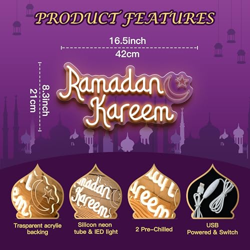 Ramadan Kareem Neon Sign for Wall Decor, Mubarak Light Up Sign, Moon Star Neon Light Decor for Home Party Eid Kareem Wall Decoration