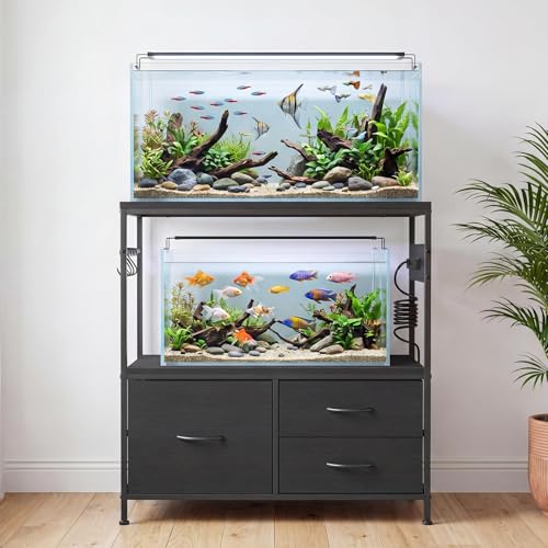Garvee 20-29 Gallon Fish Tank Stand, Metal Double Aquarium Stand with Cabinet, Heavy Duty Reptile Terrarium Stand, for Home Office Fish Tank Shelf, 31.5" l x 15.7" w x 32.5" h, 330LBS Capacity, Black