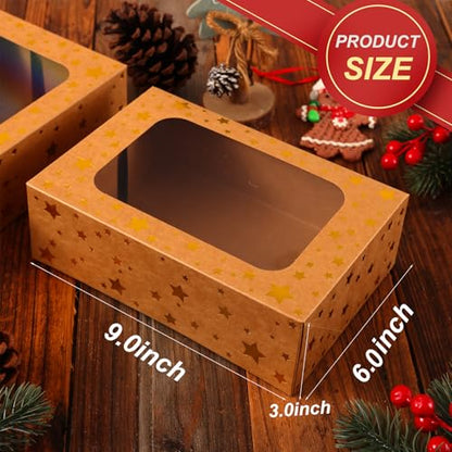 24 Pack Christmas Cookie Boxes,Gold Star Bakery Boxes with Window (9x6x3 Inch),Sturdy Pastry Boxes for Baked Goods,Treat Box for Holiday Gift Exchange, Cookie Tins with Lids for Gift Giving - color: Gold Star-Brown
