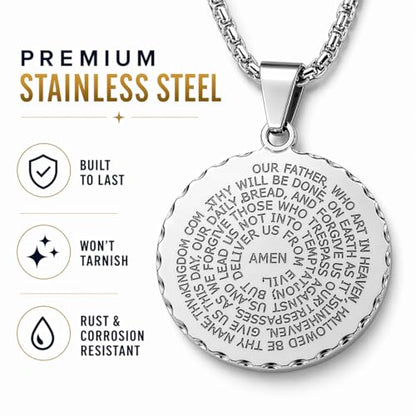 Steeltime Stainless Steel Lords Prayer Necklace with Simulated Diamonds - color: Silver, style: Round Pendant