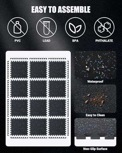 Garvee 0.56" Thick 48 Sq Ft Rubber Top Exercise Equipment Mats, 12 Tiles High Density EVA Foam Interlocking Gym Flooring for Home Gym, Non-Slip Waterproof Workout Mat, 24x24in, Black/Blue | High Density EVA Foam Interlocking Gym Flooring for Home Gym, Non