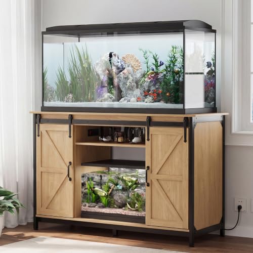 VOWNER Farmhouse 55-75 Gallon Fish Tank Stand with Power Outlet, Natural | Aquarium Stand with Storage Cabinet and Sliding Barn Door, Heavy Duty Reptile Tank Stand, for 2 Tanks, 1000LBS Capacity - color: Natural