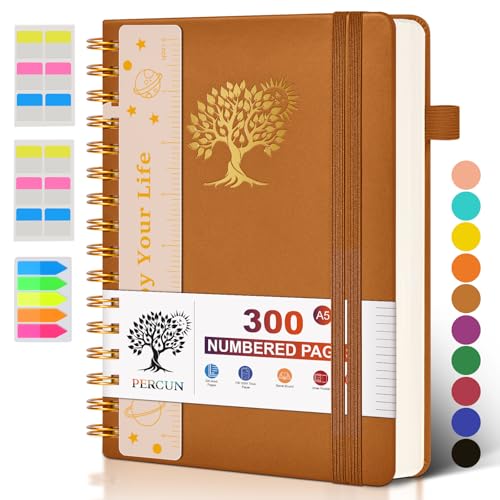 Spiral Notebook Journal for Women Men, 300 Numbered Lined Pages, College Ruled, A5 Hardcover Spiral Bound Notebook for School, Work, Note Taking Writing, Leather Spiral Journal Medium 5.9"x8.5" - color: Brown, size: A5 size (5.9in x 8.5in)