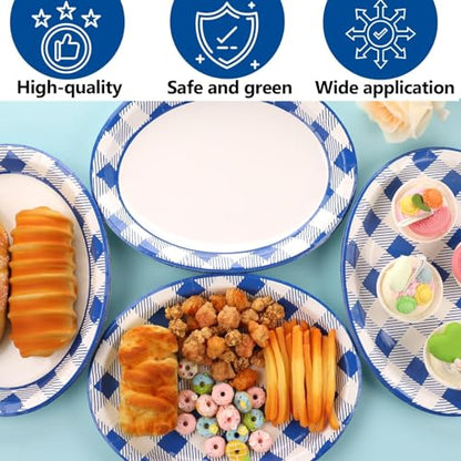 Qyeahkj 블루 앤 화이트 체크 무늬 타원형 종이 접시 50개, 대형 27.9cm(11인치) 일회용 피크닉 디너 파티 장식 BBQ 용품 휴일 베이비 샤워 생일 파티 식기 세트 - style: 블루 화이트 깅엄